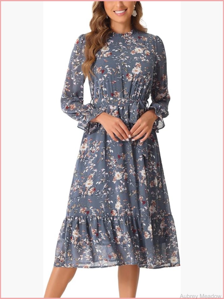 Women's Long Sleeve Floral Midi Dress With Puff Sleeves